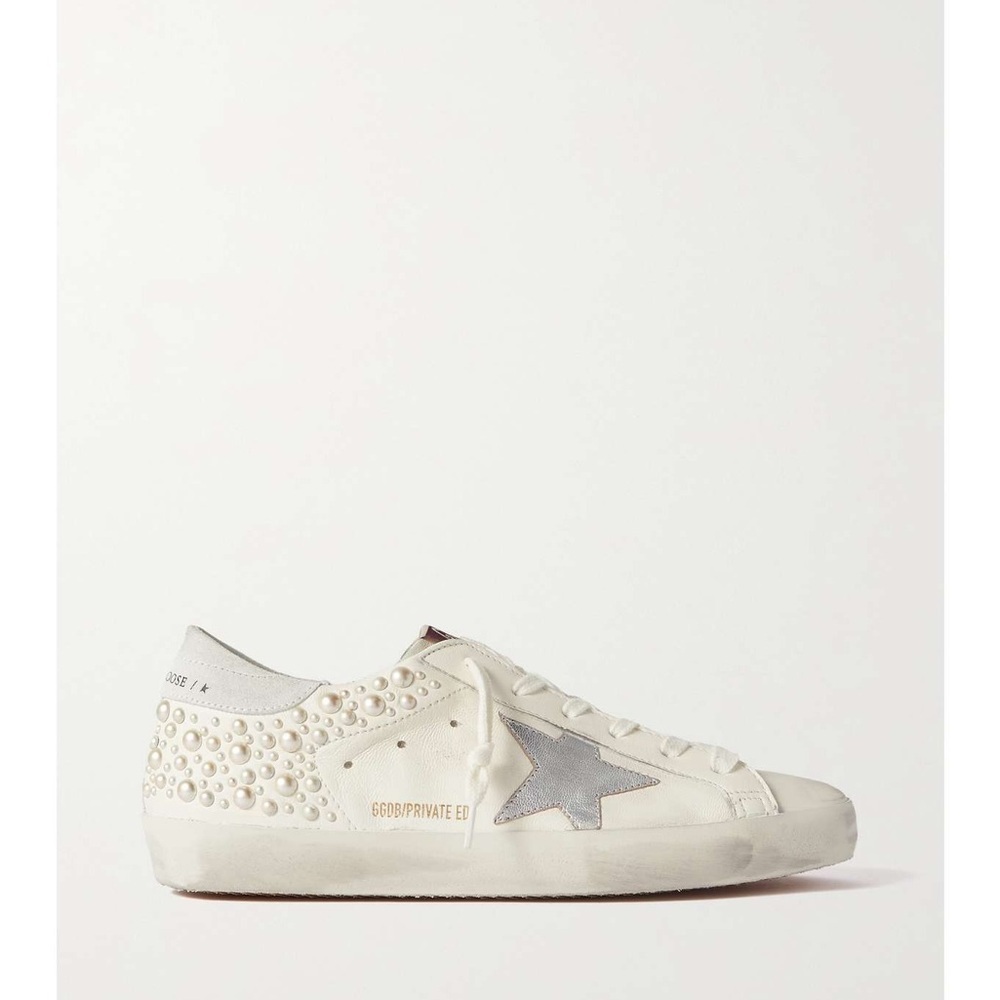 GOLDEN GOOSE
Superstar pearl-embellished distressed leather sneakers